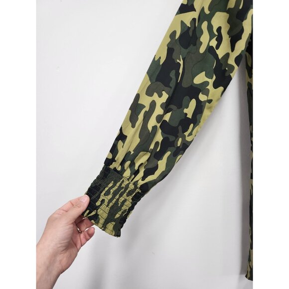 True Destiny BOHO Forest Fairy Top Large Green Camo Hi Low Mock Neck Casual - Picture 2 of 9